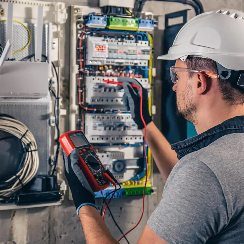 Homepage: An electrician wearing a hard hat and gloves uses a multimeter to check the wiring in an electrical panel.