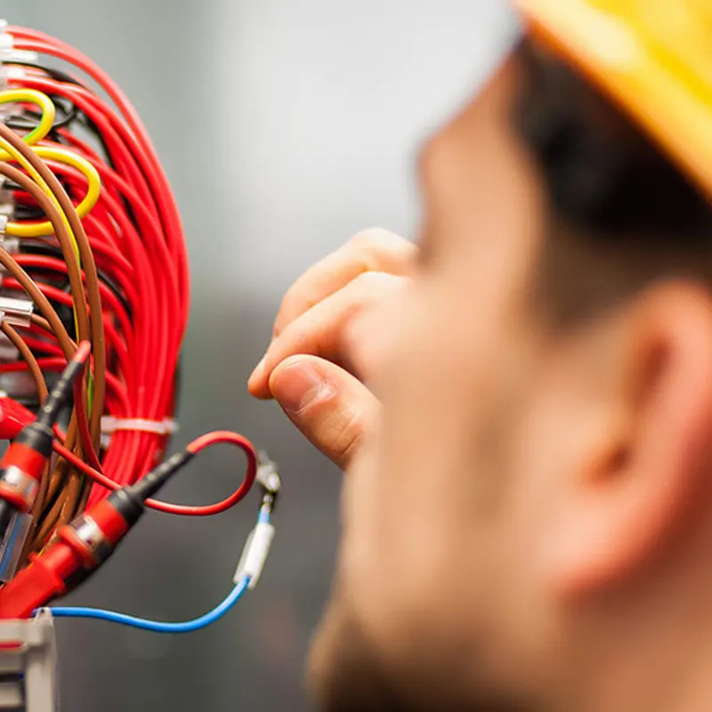 Close-up of a person wearing a hard hat, inspecting a cluster of red and yellow electrical wires connected to a device, perfect for the homepage.